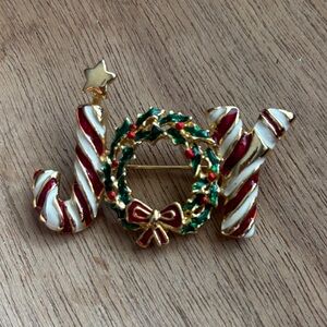Festive Gold and Red Enamel Joy Brooch